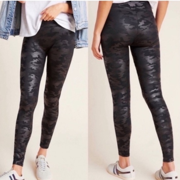 SPANX Pants - Spanx Black Camo Faux Leather Leggings Tummy Control High Waisted extra Large